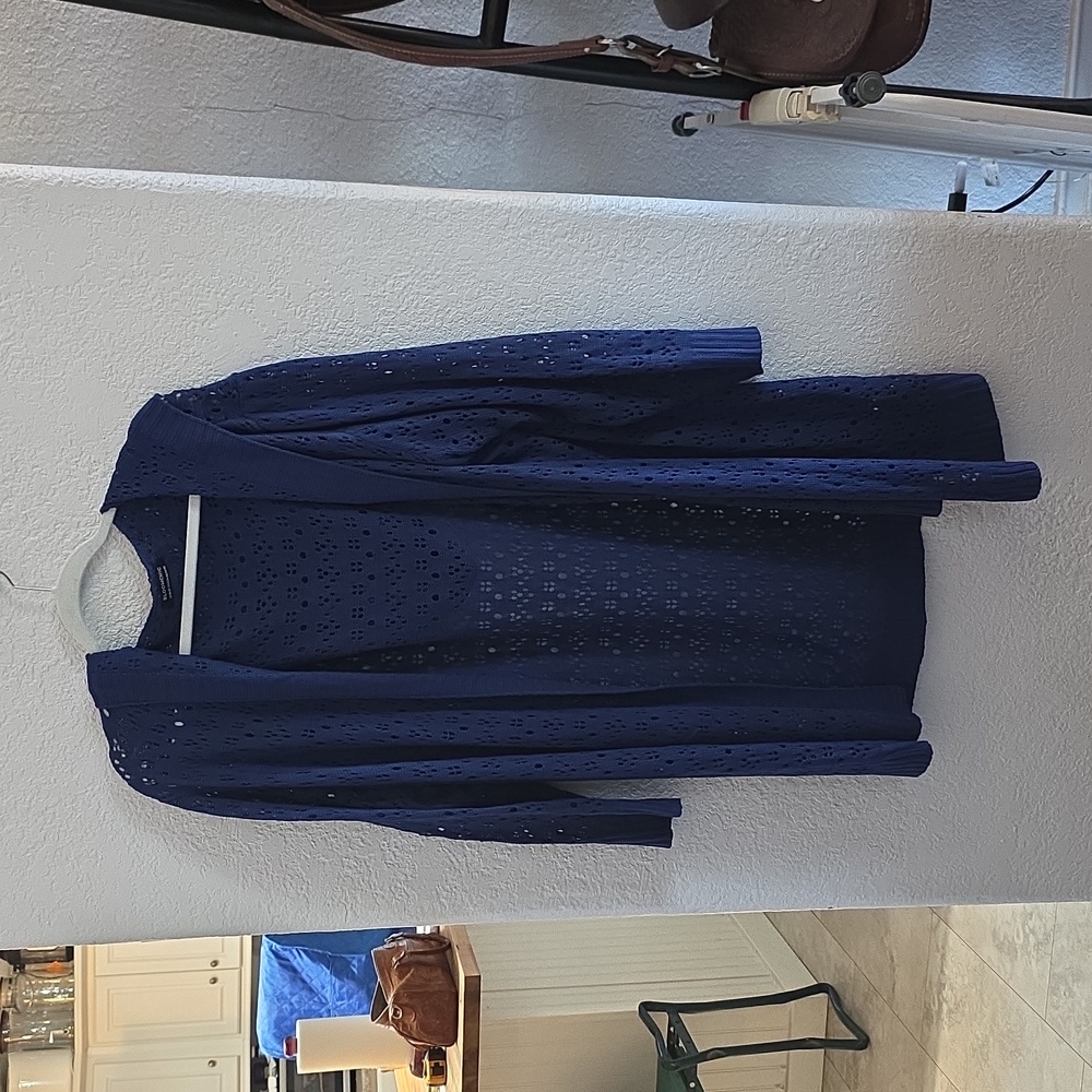 BloomChic Plain Geometric Eyelet Hooded Tunic Cardigan – Indigo